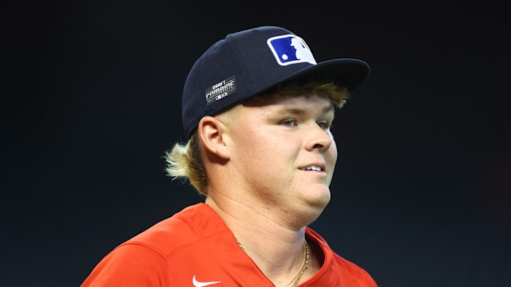 Jun 20, 2023; Phoenix, AZ, USA; Garrett Baumann pitches during a high school baseball game at the MLB Draft Combine at Chase Field. Mandatory Credit: Mark J. Rebilas-Imagn Images