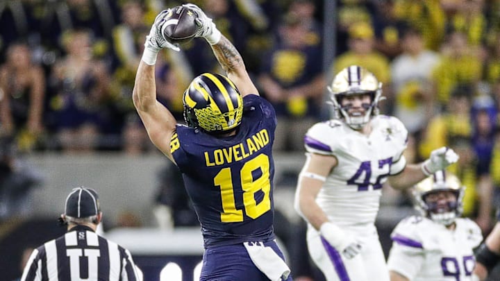 Michigan tight end Colston Loveland makes a catch against Washington during the second half of U-M's 34-13 win in the College Football Playoff national championship game in Houston on Monday, Jan. 8, 2024.