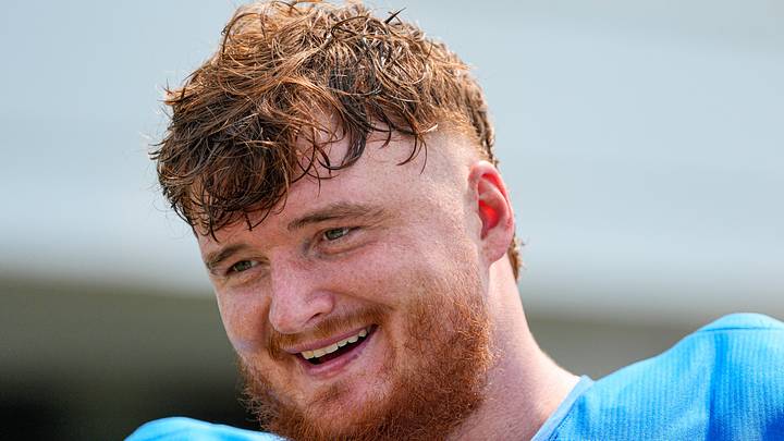 Detroit Lions offensive lineman Ben Bartch (78) speaks to media members after training camp practice Detroit Lions offensive lineman Ben Bartch (78) speaks to media members after training camp practice