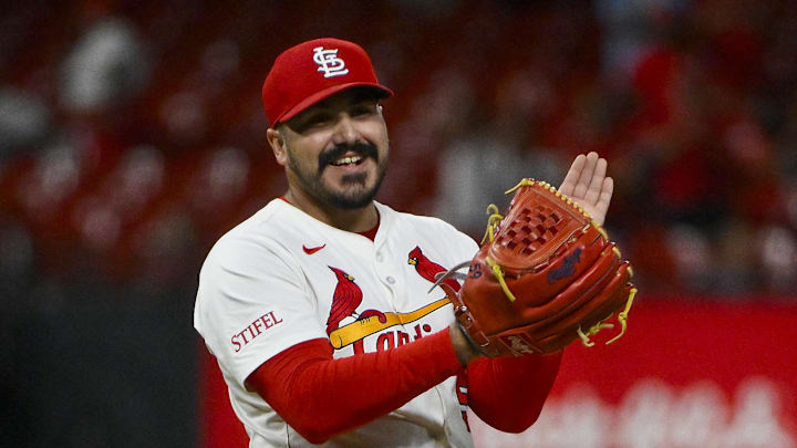 Sep 3, 2025; St. Louis, Missouri, USA;  St. Louis Cardinals relief pitcher JoJo Romero (59) reacts after the Cardinals defeated the Athletics at Busch Stadium. Mandatory Credit: Jeff Curry-Imagn Images