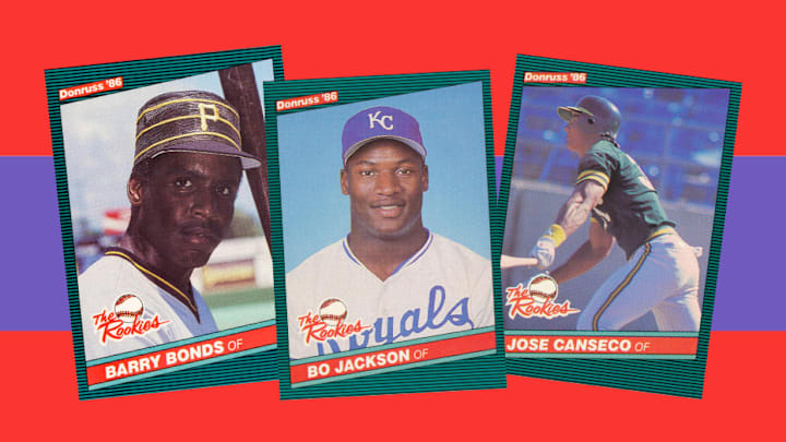 1986 Donruss "The Rookies" cards of Barry Bonds, Bo Jackson, and Jose Canseco