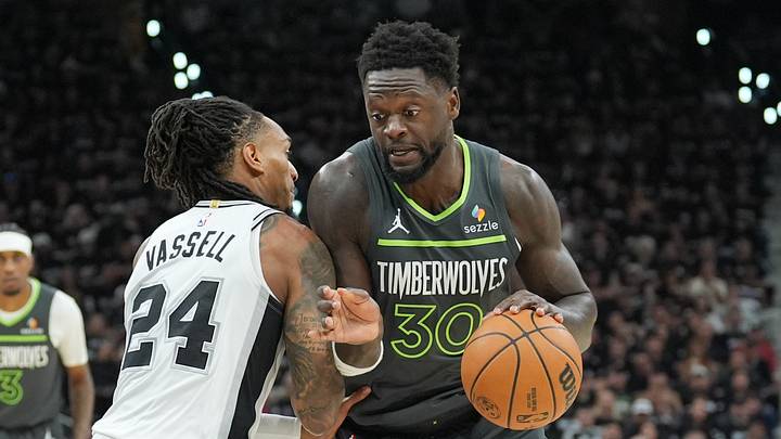 May 6, 2026; San Antonio, Texas, USA; Minnesota Timberwolves forward Julius Randle (30) dribbles against San Antonio Spurs guard Devin Vassell (24) in the first half during game two of the second round of the 2026 NBA Playoffs at Frost Bank Center. Mandatory Credit: Daniel Dunn-Imagn Images May 6, 2026; San Antonio, Texas, USA; Minnesota Timberwolves forward Julius Randle (30) dribbles against San Antonio Spurs guard Devin Vassell (24) in the first half during game two of the second round of the 2026 NBA Playoffs at Frost Bank Center. Mandatory Credit: Daniel Dunn-Imagn Images
