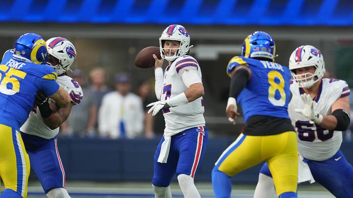 Dec 8, 2024; Inglewood, California, USA; Buffalo Bills quarterback Josh Allen (17) throws the ball against the Los Angeles Rams in the first half at SoFi Stadium. Mandatory Credit: Kirby Lee-Imagn Images
