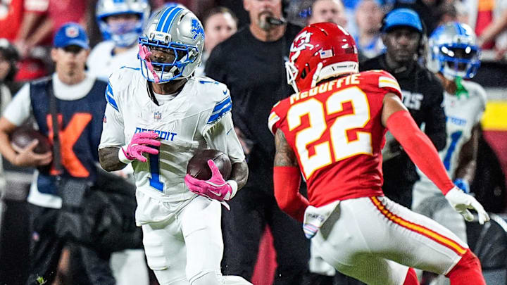 Detroit Lions wide receiver Jameson Williams (1) makes a catch for a first down against Kansas City Chiefs cornerback Trent McDuffie (22) during the second half at Arrowhead Stadium in Kansas City, Missouri on Sunday, Oct. 12, 2025. Detroit Lions wide receiver Jameson Williams (1) makes a catch for a first down against Kansas City Chiefs cornerback Trent McDuffie (22) during the second half at Arrowhead Stadium in Kansas City, Missouri on Sunday, Oct. 12, 2025.