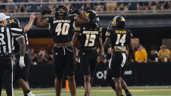 Sept 20, 2025; Columbia, Missouri, USA; Missouri Tigers linebacker Josiah Trotter celebrates in the second quarter against South Carolina.