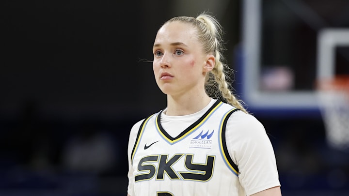 May 6, 2025; Chicago, IL, USA; Chicago Sky guard Hailey Van Lith (2) looks on during the first half of a WNBA pre-season game against the Minnesota Lynx at Wintrust Arena. Mandatory Credit: Kamil Krzaczynski-Imagn Images