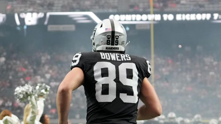 Nov 23, 2025; Paradise, Nevada, USA; Las Vegas Raiders tight end Brock Bowers (89) enters the field before the game against the Cleveland Browns at Allegiant Stadium. Mandatory Credit: Kirby Lee-Imagn Images