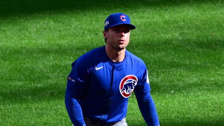Oct 4, 2025; Milwaukee, Wisconsin, USA; Chicago Cubs second baseman Nico Hoerner (2) positions himself against the Milwaukee Brewers during the eighth inning of game one of the NLDS round for the 2025 MLB playoffs at American Family Field. Mandatory Credit: Benny Sieu-Imagn Images