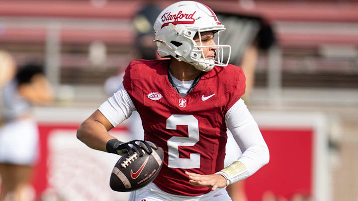 Oct 26, 2024; Stanford, California, USA;  Stanford Cardinal quarterback Elijah Brown (2) drops back to throw against the Wake Forest Demon Deacons during the first quarter at Stanford Stadium.