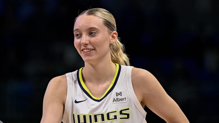 Jul 28, 2025; Arlington, Texas, USA; Dallas Wings guard Paige Bueckers (5) after the game between the Dallas Wings and the New York Liberty at College Park Center. Mandatory Credit: Jerome Miron-Imagn Images