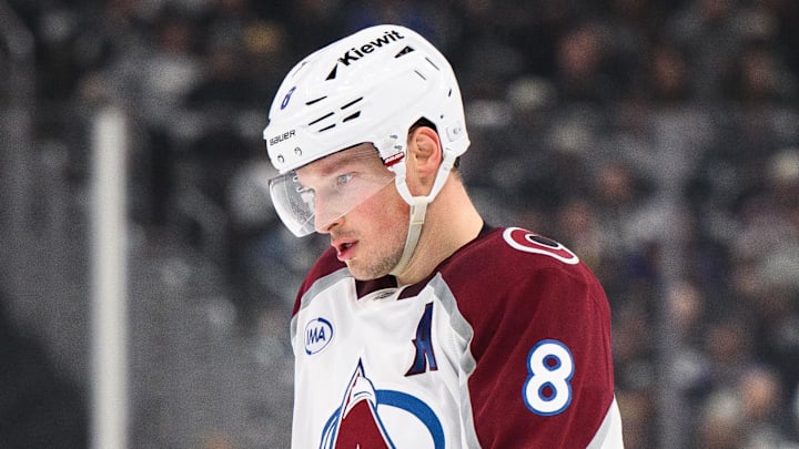 Apr 26, 2026; Los Angeles, California, USA; Colorado Avalanche defenseman Cale Makar (8) skates after scoring during the second period in game four of the first round of the 2026 Stanley Cup Playoffs against the Los Angeles Kings at Crypto.com Arena. Mandatory Credit: William Liang-Imagn Images