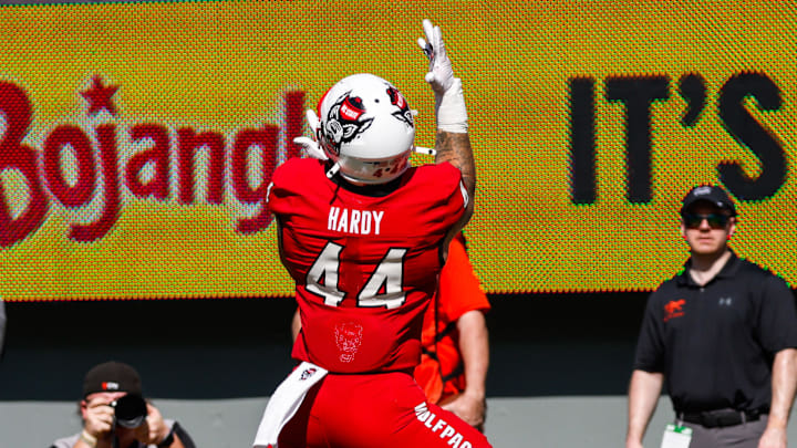 Oct 4, 2025; Raleigh, North Carolina, USA;  NC State Wolfpack tight end Cody Hardy (44) catches the ball for a touchdown during the first half of the game against Campbell Fighting Camels at Carter-Finley Stadium. Mandatory Credit: Jaylynn Nash-Imagn Images