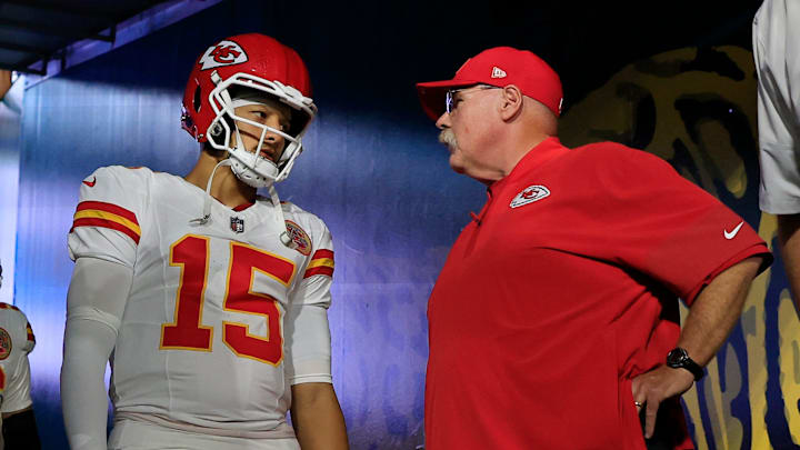 Kansas City Chiefs quarterback Patrick Mahomes (15) talks with head coach Andy Reid with tight end Travis Kelce (87) before an NFL football matchup at EverBank Stadium, Monday, Oct. 6, 2025, in Jacksonville, Fla. The Jacksonville Jaguars edged the Kansas City Chiefs 31-28. [Corey Perrine/Florida Times-Union]