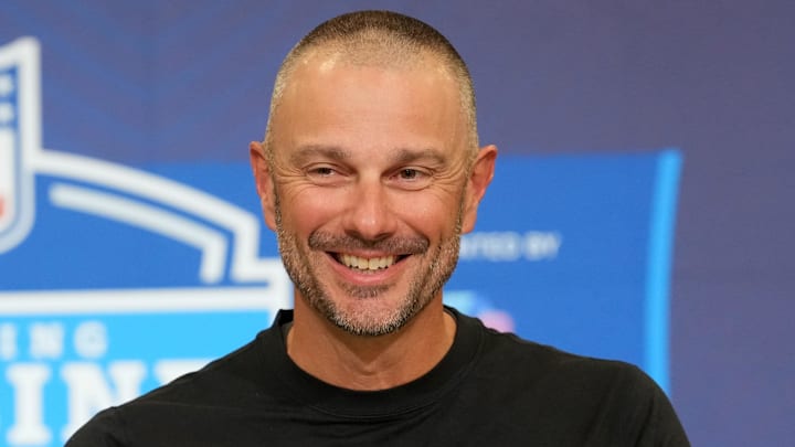 Feb 24, 2026; Indianapolis, IN, USA; Las Vegas Raiders general manager John Spytek speaks at the NFL Scouting Combine at the Indiana Convention Center. Mandatory Credit: Kirby Lee-Imagn Images