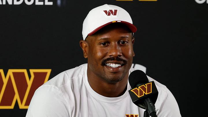 Washington Commanders outside linebacker Von Miller (24) speaks with the media after practice on day two of training camp at OrthoVirginia Training Center at Commanders Park. 