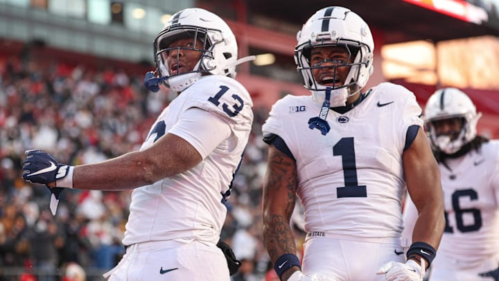 Nov 29, 2025; Piscataway, New Jersey, USA; Penn State Nittany Lions running back Kaytron Allen (13) reacts after a rushing touchdown during the first half against the Rutgers Scarlet Knights at SHI Stadium. Mandatory Credit: Vincent Carchietta-Imagn Images
