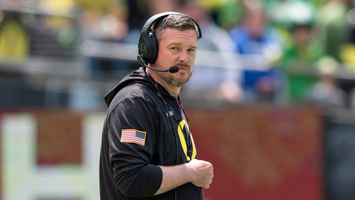 Oregon coach Dan Lanning oversees his team as the Fighting Ducks face off against Mighty Oregon in the Oregon Ducks spring game on April 26, 2025, at Autzen Stadium in Eugene.