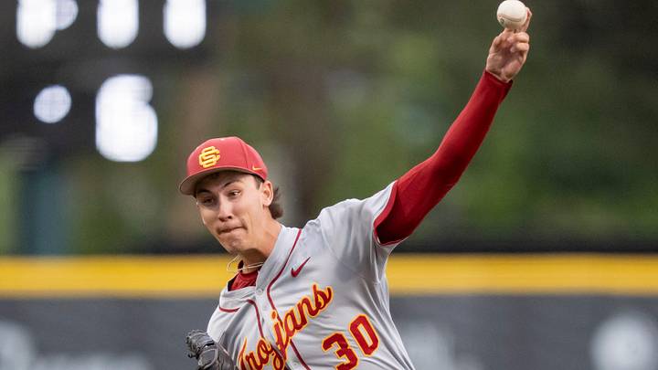 USC pitcher Mason Edwards throws a pitch as the Oregon Ducks host the USC Trojans on May 14, 2026, in Eugene, Oregon.