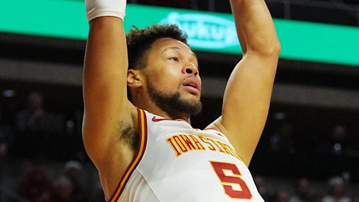 Iowa State Cyclones forward Joshua Jefferson (5) dunks the ball around UCF Knights guard Jeremy Foumena (0) during the first half in the Big-12 conference men’s basketball on Jan. 20, 2026, at Hilton Coliseum in Ames, Iowa. Iowa State Cyclones forward Joshua Jefferson (5) dunks the ball around UCF Knights guard Jeremy Foumena (0) during the first half in the Big-12 conference men’s basketball on Jan. 20, 2026, at Hilton Coliseum in Ames, Iowa.