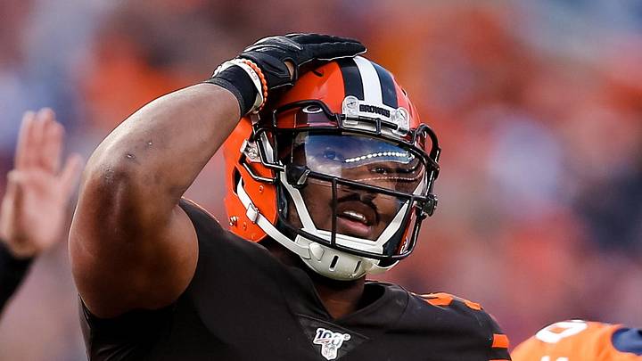 Cleveland Browns defensive end Myles Garrett (95) reacts after a play in the second quarter against the Denver Broncos at Empower Field at Mile High on November 3, 2019.