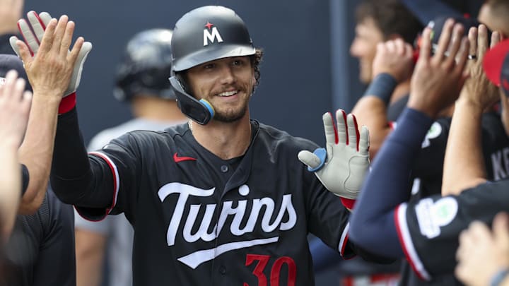 Mar 5, 2026; Tampa, Florida, USA; Minnesota Twins center fielder James Outman (30) reacts after hitting a two-run home run against the New York Yankees in the fifth inning during spring training at George M. Steinbrenner Field.