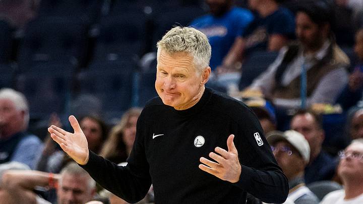 San Francisco, California, USA;  Golden State Warriors head coach Steve Kerr reacts during the fourth quarter against the Portland Trail Blazers at Chase Center. Mandatory Credit: John Hefti-Imagn Images