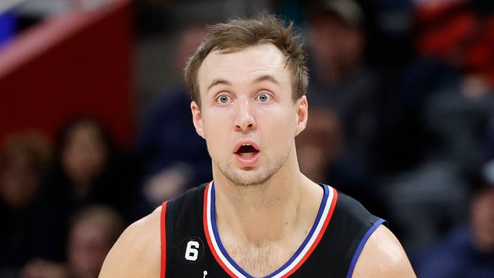 Detroit, Michigan, USA; LA Clippers guard Luke Kennard (5) reacts during overtime against the Detroit Pistons at Little Caesars Arena on Dec 26, 2022. Detroit, Michigan, USA; LA Clippers guard Luke Kennard (5) reacts during overtime against the Detroit Pistons at Little Caesars Arena on Dec 26, 2022.