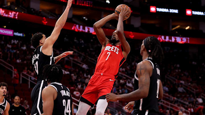 Oct 27, 2025; Houston, Texas, USA; Houston Rockets forward Kevin Durant (7) shoots against the Brooklyn Nets during the first quarter at Toyota Center. Mandatory Credit: Erik Williams-Imagn Images
Oct 27, 2025; Houston, Texas, USA; Houston Rockets forward Kevin Durant (7) shoots against the Brooklyn Nets during the first quarter at Toyota Center. Mandatory Credit: Erik Williams-Imagn Images