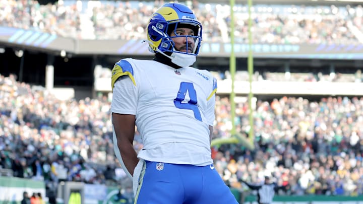 Dec 22, 2024; East Rutherford, New Jersey, USA; Los Angeles Rams cornerback Ahkello Witherspoon (4) celebrates after breaking up a pass during the third quarter against the New York Jets at MetLife Stadium. Mandatory Credit: Brad Penner-Imagn Images Dec 22, 2024; East Rutherford, New Jersey, USA; Los Angeles Rams cornerback Ahkello Witherspoon (4) celebrates after breaking up a pass during the third quarter against the New York Jets at MetLife Stadium. Mandatory Credit: Brad Penner-Imagn Images