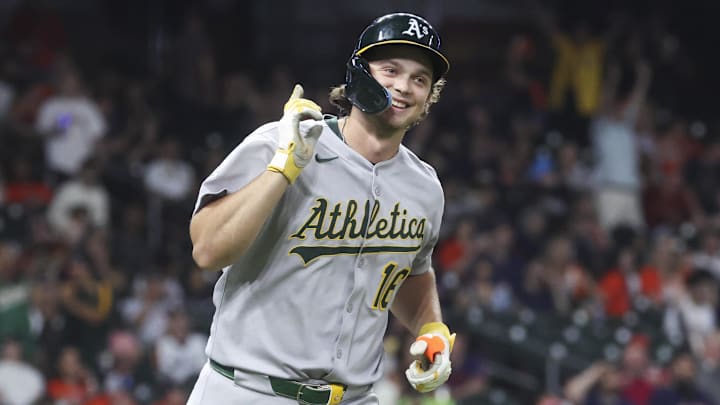 Jul 25, 2025; Houston, Texas, USA; Athletics designated hitter Nick Kurtz (16) celebrates after hitting his fourth home run of the game during the ninth inning against the Houston Astros at Daikin Park. Jul 25, 2025; Houston, Texas, USA; Athletics designated hitter Nick Kurtz (16) celebrates after hitting his fourth home run of the game during the ninth inning against the Houston Astros at Daikin Park.
