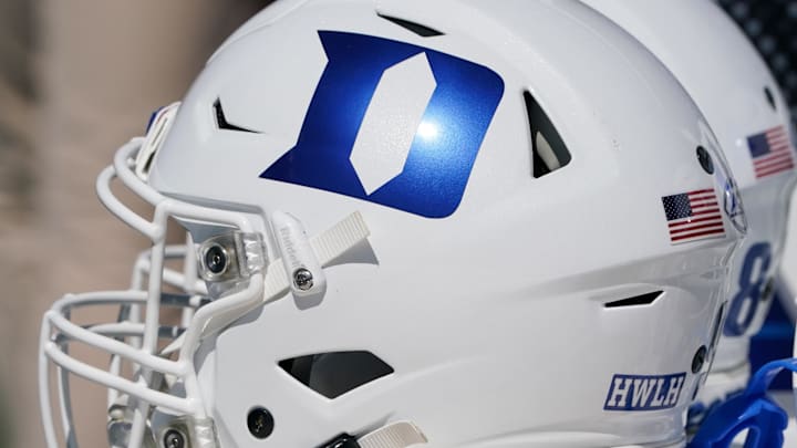 Sep 24, 2022; Lawrence, Kansas, USA; A general view of a Duke Blue Devils helmet against the Kansas Jayhawks during the second half of the game at David Booth Kansas Memorial Stadium. Mandatory Credit: Denny Medley-Imagn Images