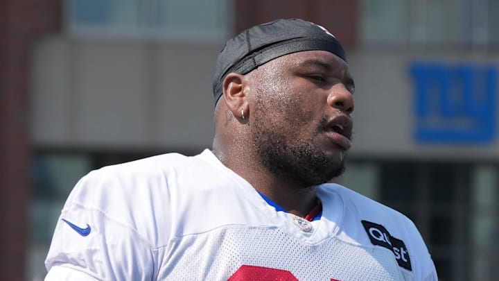 East Rutherford, NJ -- August 1, 2024 -- Defensive lineman, Dexter Lawrence III practicing today at training camp for the New York Giants.