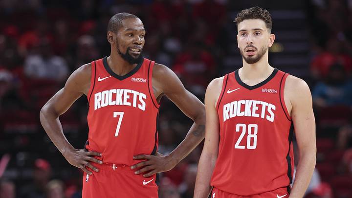 Oct 24, 2025; Houston, Texas, USA; Houston Rockets forward Kevin Durant (7) talks with center Alperen Sengun (28) during the first quarter against the Detroit Pistons at Toyota Center. Mandatory Credit: Troy Taormina-Imagn Images Oct 24, 2025; Houston, Texas, USA; Houston Rockets forward Kevin Durant (7) talks with center Alperen Sengun (28) during the first quarter against the Detroit Pistons at Toyota Center. Mandatory Credit: Troy Taormina-Imagn Images