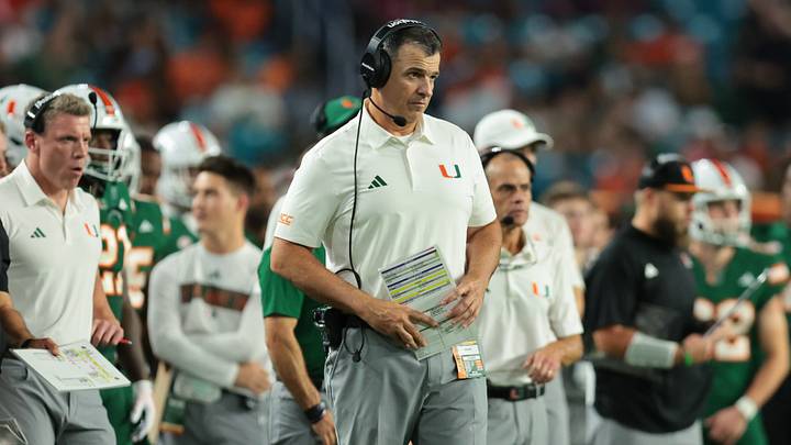 Sep 26, 2026; Miami Gardens, Florida, USA; Miami Hurricanes head coach Mario Cristobal watches from the sideline against the Central Michigan Chippewas during the third quarter at Hard Rock Stadium. Mandatory Credit: Sam Navarro-Imagn Images