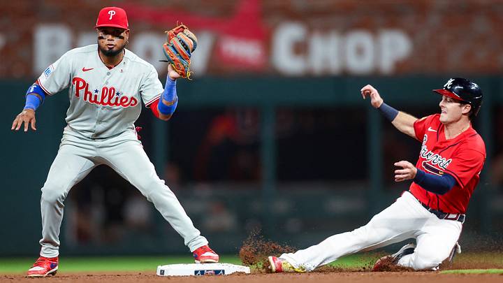 Sep 11, 2026; Atlanta, Georgia, USA; Philadelphia Phillies second baseman Luis Arraez (4) forces out Atlanta Braves left fielder Mike Yastrzemski (18) at second base in the fourth inning at Truist Park. Mandatory Credit: Brett Davis-Imagn Images Sep 11, 2026; Atlanta, Georgia, USA; Philadelphia Phillies second baseman Luis Arraez (4) forces out Atlanta Braves left fielder Mike Yastrzemski (18) at second base in the fourth inning at Truist Park. Mandatory Credit: Brett Davis-Imagn Images