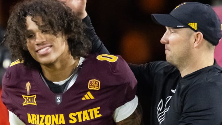 Nov 28, 2025; Tempe, Arizona, USA; Arizona State Sun Devils wide receiver Jordyn Tyson (0) with head coach Kenny Dillingham against the Arizona Wildcats during the 99th Territorial Cup at Mountain America Stadium. Mandatory Credit: Mark J. Rebilas-Imagn Images