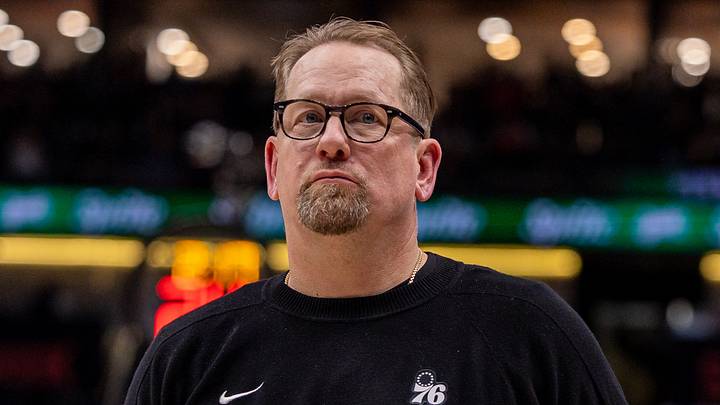 New Orleans, Louisiana, USA;  Philadelphia 76ers head coach Nick Nurse looks on against the New Orleans Pelicans during the second half at Smoothie King Center on February 21, 2026.