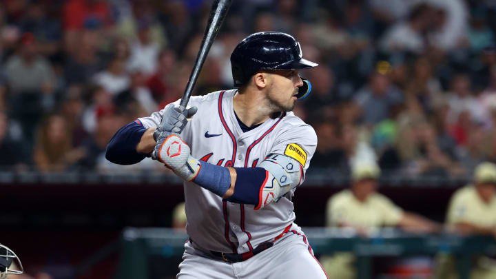 Jul 9, 2024; Phoenix, Arizona, USA; Atlanta Braves outfielder Adam Duvall against the Arizona Diamondbacks at Chase Field.