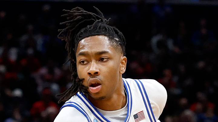 Mar 27, 2026; Washington, DC, USA; Duke Blue Devils guard Isaiah Evans (3) dribbles the ball against the St. John's Red Storm in the first half during a Sweet Sixteen game of the East Regional of the men's 2026 NCAA Tournament at Capital One Arena. Mandatory Credit: Amber Searls-Imagn Images Mar 27, 2026; Washington, DC, USA; Duke Blue Devils guard Isaiah Evans (3) dribbles the ball against the St. John's Red Storm in the first half during a Sweet Sixteen game of the East Regional of the men's 2026 NCAA Tournament at Capital One Arena. Mandatory Credit: Amber Searls-Imagn Images