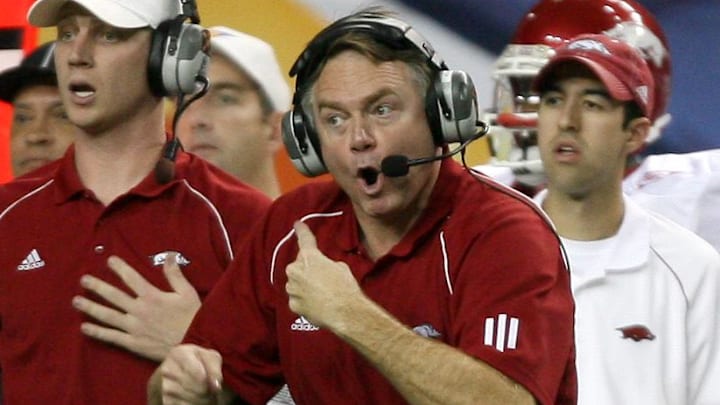 Arkansas Razorbacks coach Houston Nutt yells to his players during the fourth quarter against the Florida Gators in the SEC Championship game at the Georgia Dome in Atlanta, Ga. 