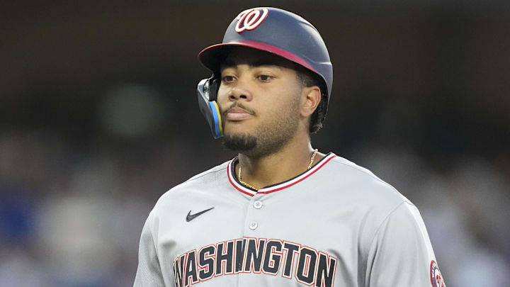 Jun 21, 2025; Los Angeles, California, USA; Washington Nationals outfielder James Wood (29) celebrates after scoring a home run in the fourth inning against the Los Angeles Dodgers at Dodger Stadium