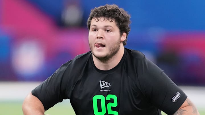 Mar 1, 2026; Indianapolis, IN, USA; Florida offensive lineman Austin Barber (OL02) during the NFL Scouting Combine at Lucas Oil Stadium. Mandatory Credit: Kirby Lee-Imagn Images