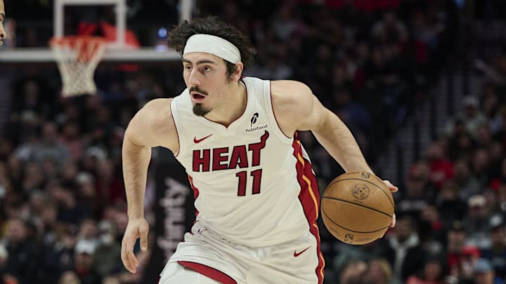 Jan 22, 2026; Portland, Oregon, USA; Miami Heat forward Jaime Jaquez Jr. (11) drives to the basket during the second half against Portland Trail Blazers forward Toumani Camara (33) at Moda Center. Mandatory Credit: Troy Wayrynen-Imagn Images