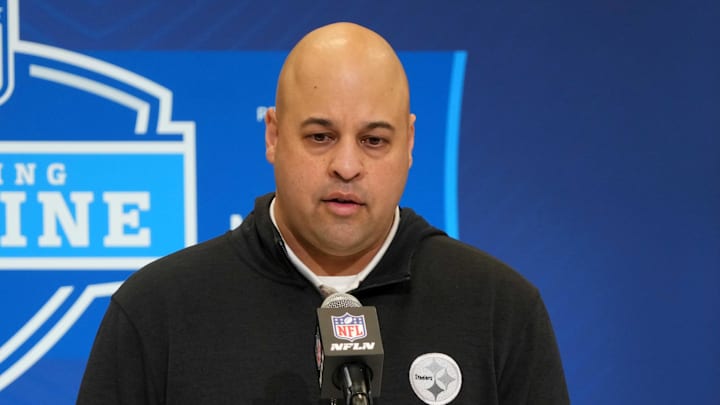 Feb 25, 2025; Indianapolis, IN, USA; Pittsburgh Steelers general manager Omar Khan speaks during the NFL Scouting Combine at the Indiana Convention Center. Mandatory Credit: Kirby Lee-Imagn Images