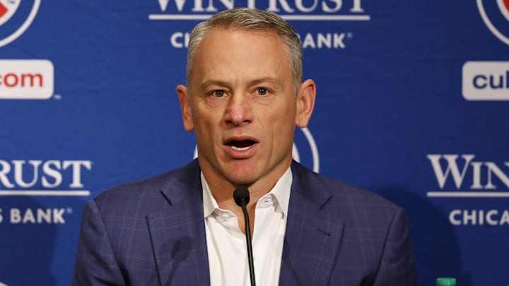 Jan 12, 2024; Chicago, IL, USA; Chicago Cubs president of baseball operations Jed Hoyer introduces pitcher Shota Imanaga during a press conference at Loews Chicago Hotel Jan 12, 2024; Chicago, IL, USA; Chicago Cubs president of baseball operations Jed Hoyer introduces pitcher Shota Imanaga during a press conference at Loews Chicago Hotel