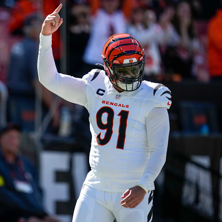 Cincinnati Bengals defensive end Trey Hendrickson celebrates as time winds down in the fourth quarter against the Browns.