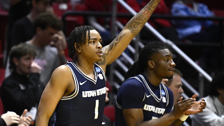 Mar 20, 2026; San Diego, CA, USA; Utah State Aggies guard Elijah Perryman (1) reacts in the second half against the Villanova Wildcats during a first round game of the men's 2026 NCAA Tournament at Viejas Arena. Mandatory Credit: Denis Poroy-Imagn Images