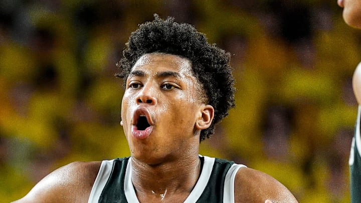 Michigan State guard Jeremy Fears Jr. (1) reacts to a personal foul call against him during the second half against Michigan at Crisler Center in Ann Arbor on Sunday, March 8, 2026.