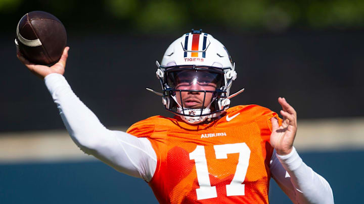 Auburn Tigers quarterback Byrum Brown (17) throws the ball during practice at Woltosz Football Performance Center in Auburn, Ala. on Thursday, April 16, 2026.