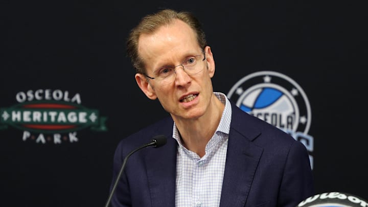 Apr 11, 2023; Orlando, Florida, USA;  Orlando Magic president of basketball operations Jeff Weltman speaks during a press conference for the new Orlando Magic G-League stadium at Osceola Heritage Park. Mandatory Credit: Nathan Ray Seebeck-Imagn Images